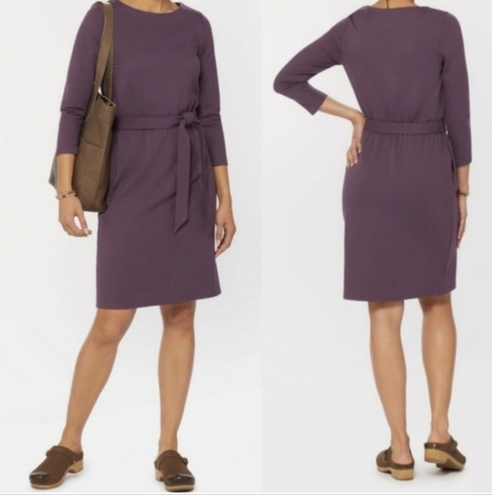 NWT Duluth Trading Co Elderberry Ponte Pro Knit 3/4 Sleeve Belted Dress Size M